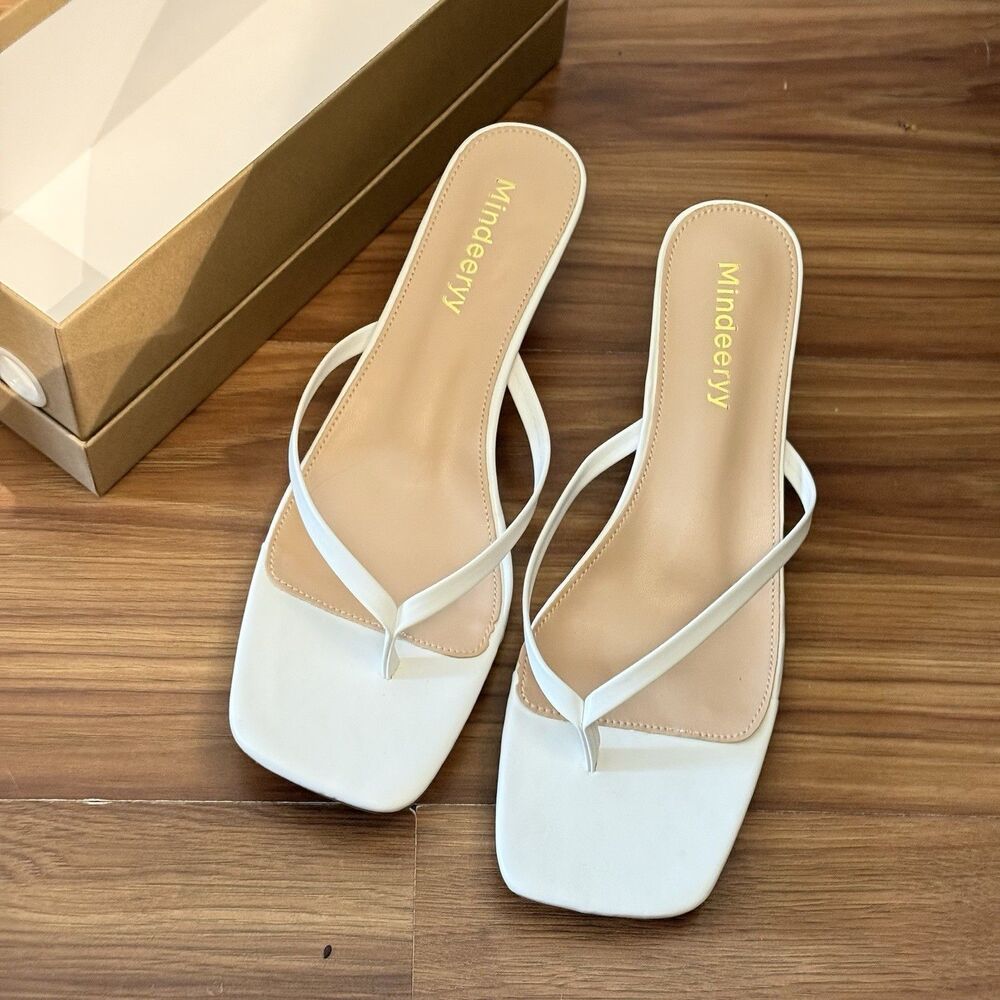 Women's Kitten Heels Flip Flops Square Toe Size 11 Slip On Thong Sandals White - Picture 9 of 16